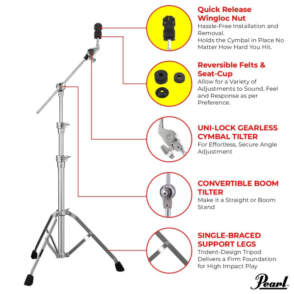 Pearl Single-Braced Boom Cymbal Stand w/ Quick Release WingLoc (BC-930SWL)