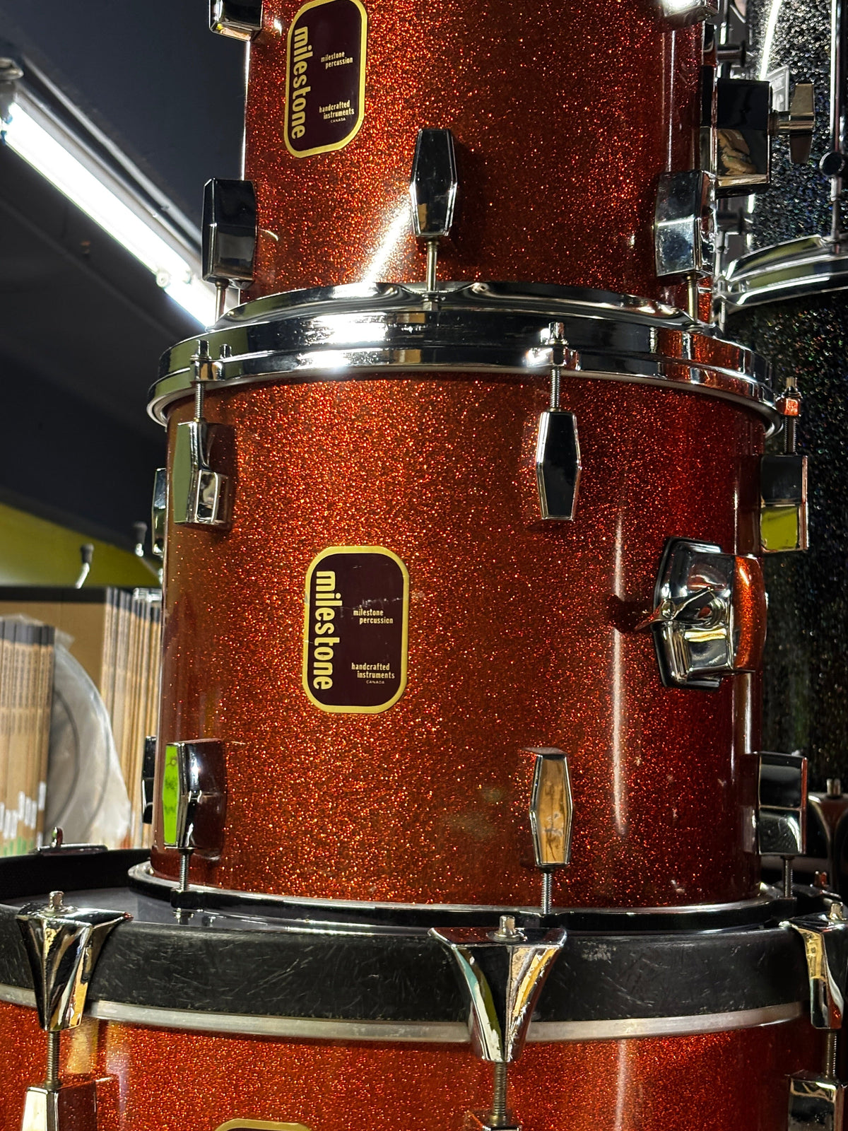 Milestone Fibreglass Drum Set with Matching 14x8 Snare – Original Copper Sparkle Finish CONSIGNMENT DRUM KIT MILESTONE
