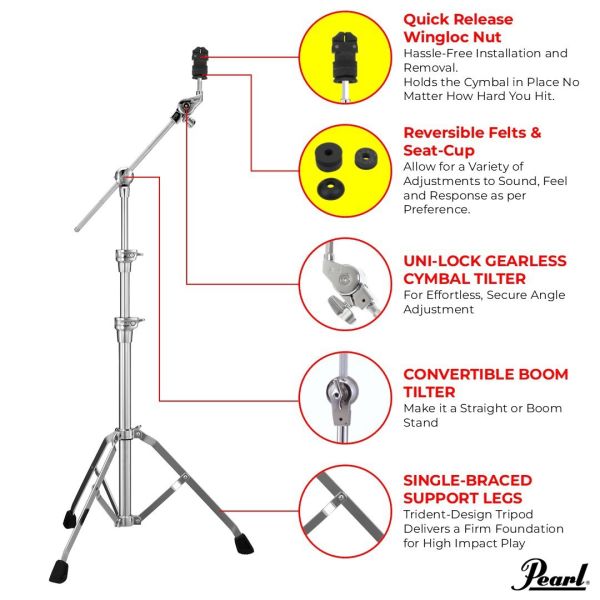 Pearl Single-Braced Boom Cymbal Stand w/ Quick Release WingLoc (BC-930SWL) NEW HARDWARE Pearl