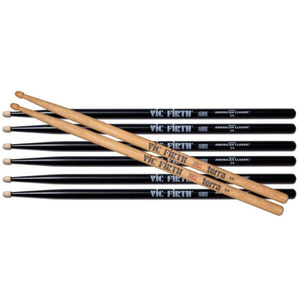 Vic Firth American Classic 5A Drumsticks With Black Finish & Free Pair Of 5AT Terra, 4-Pair Value Pack (P5AB.3-5AT.1) DRUM STICKS Vic Firth