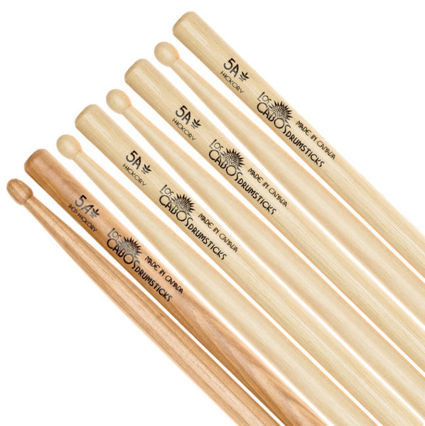 Los Cabos Drum Sticks 5A, 4-Pack of Sticks - 1x Red Hickory pair, 3x White Hickory Pairs (LCD5A4PACK)