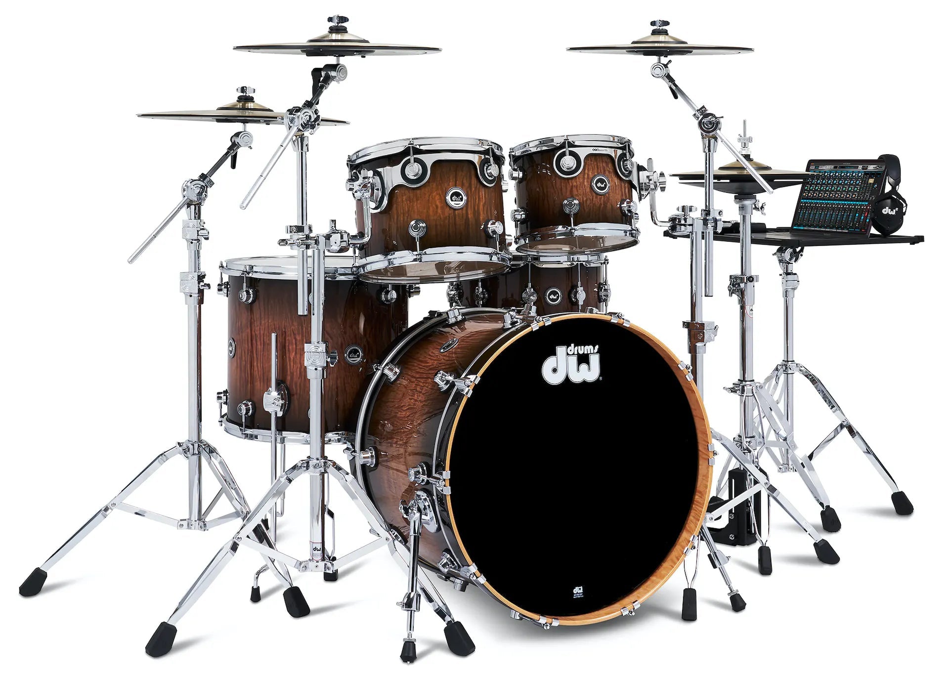 DWe Electronic 5pc Drum set with Cymbals and Hardware in Candy Black Burst over Curly Maple. Electronic Drums DW 