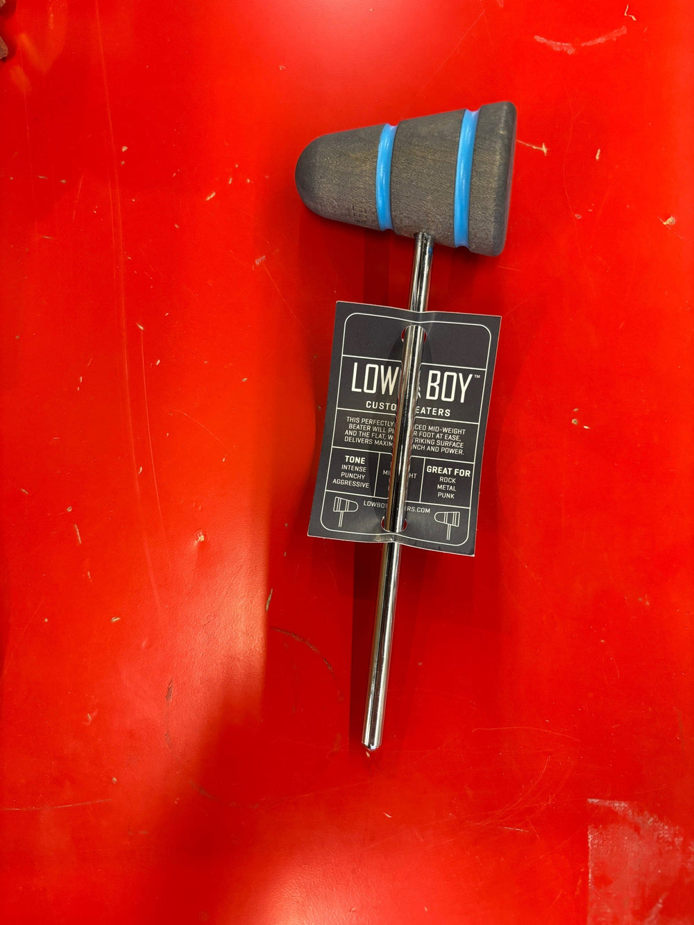 Low Boy Standard Wood Bass Drum Beater, Silver with Shock Blue Stripes NEW DRUM ACCESSORIES Low Boy 