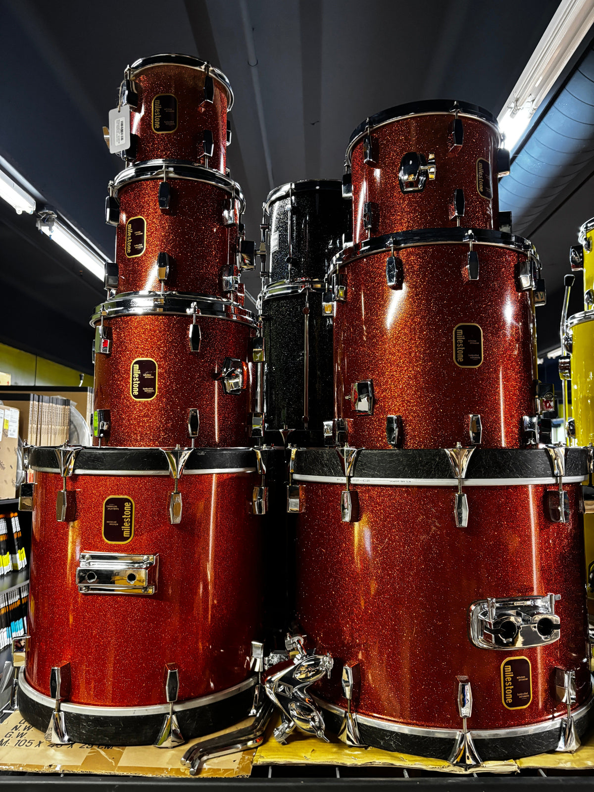 Milestone Fibreglass Drum Set with Matching 14x8 Snare – Original Copper Sparkle Finish CONSIGNMENT DRUM KIT MILESTONE 