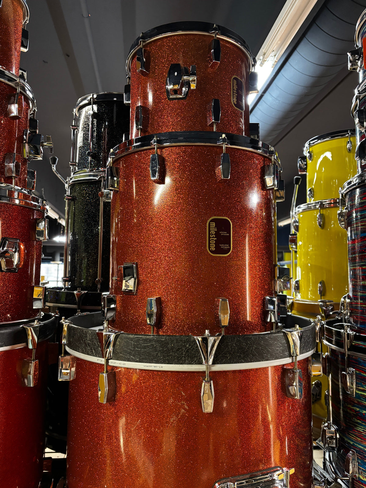 Milestone Fibreglass Drum Set with Matching 14x8 Snare – Original Copper Sparkle Finish CONSIGNMENT DRUM KIT MILESTONE 