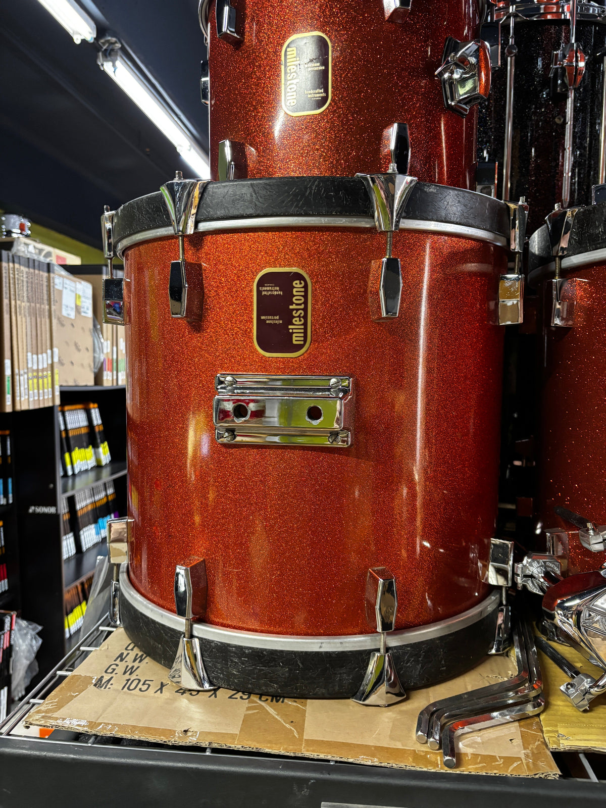 Milestone Fibreglass Drum Set with Matching 14x8 Snare – Original Copper Sparkle Finish CONSIGNMENT DRUM KIT MILESTONE 