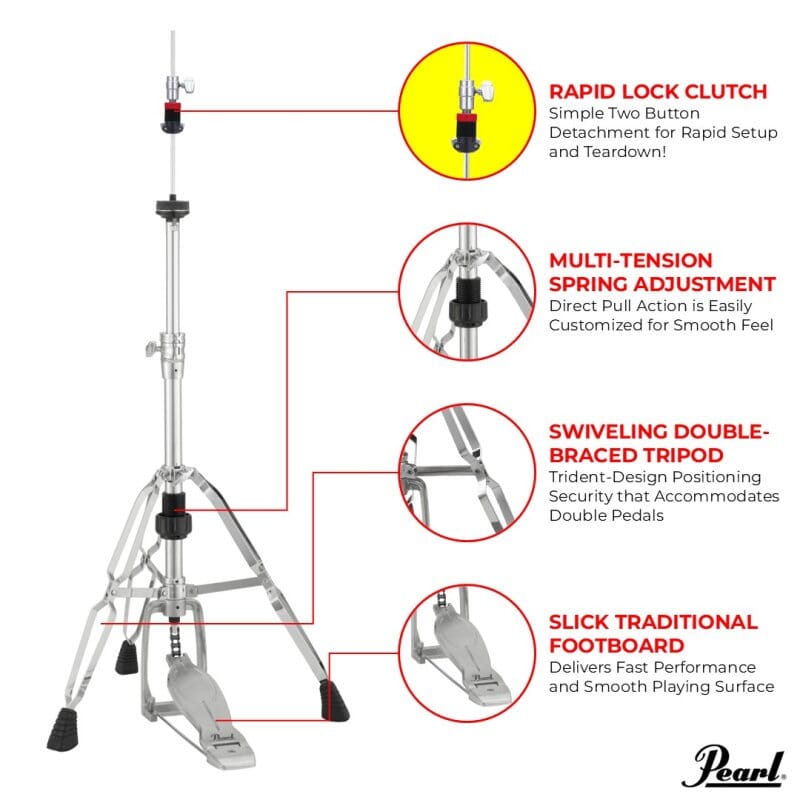 Pearl Eliminator Solo Double-Braced Hit Hat Stand w/ HCL-105QR Quick Release Rapid Clutch (H-1030QR) NEW HARDWARE Pearl 