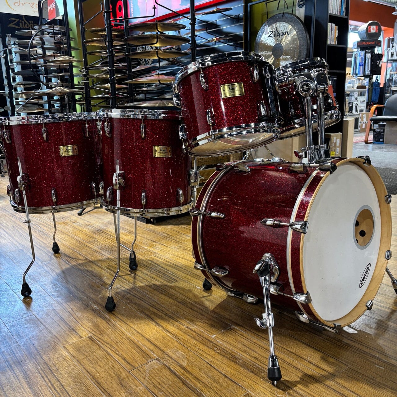 Pearl Masters Red Sparkle Birch 6 pc with 2 Bass Drums CONSIGNMENT DRUM KIT Pearl 