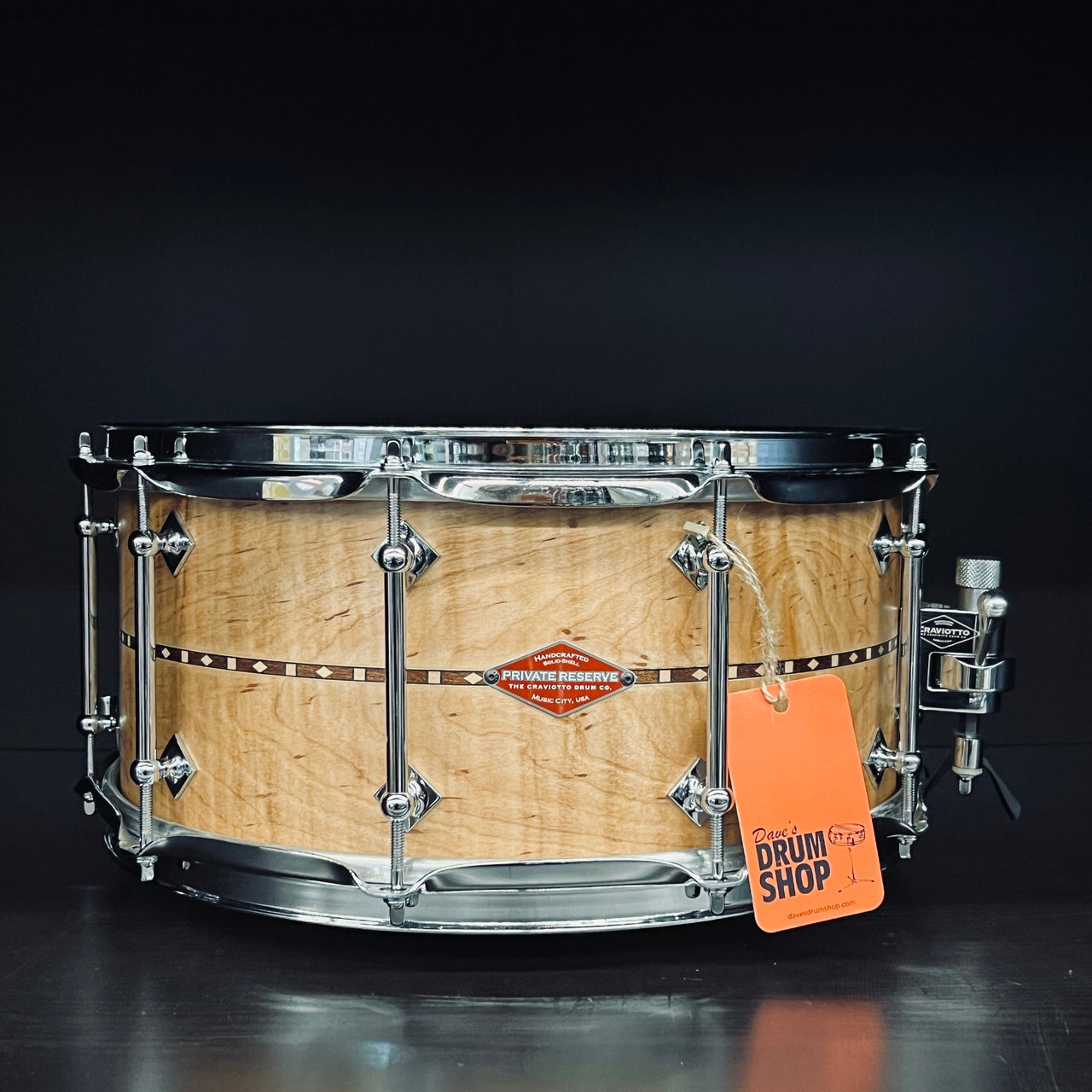 CRAVIOTTO PRIVATE RESERVE - 6.5X14 Snare Drum - LIGHT BURNT CURLY MAPLE w/WALNUT INLAY drum kit Craviotto 
